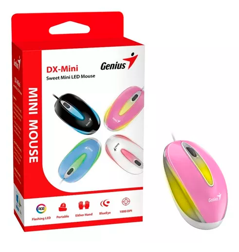 MOUSE GENIUS DX MINI  USB CON CABLE LED BRILLOSO   Disponible en cuatro colores: Negro Elegante, Rosa Sakura, Azul Celeste & Blanco Puro.