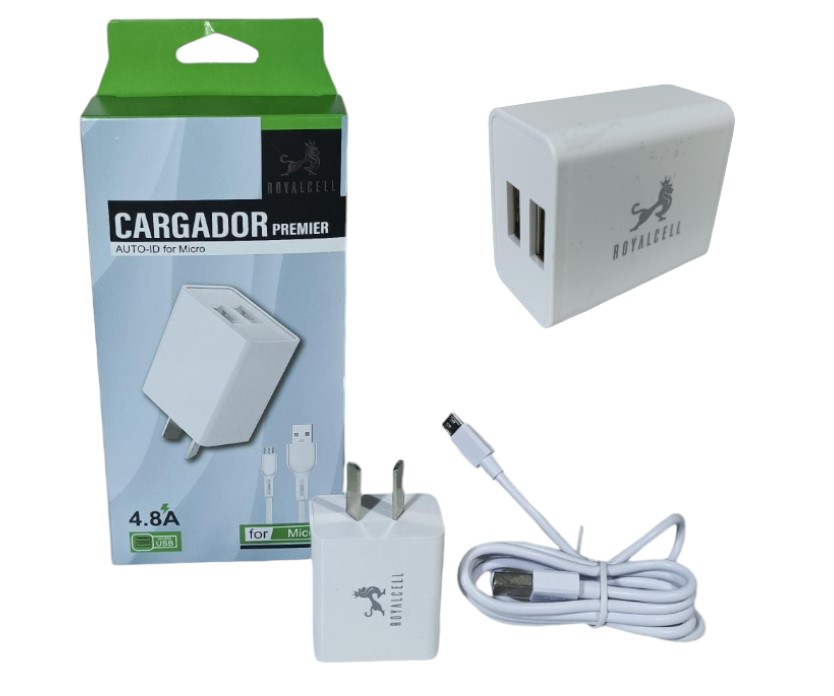 Cargador Celular Carga Rápida 4.8 A 2 Puertos USB + Cable Desmontable Micro USB RC5004800A