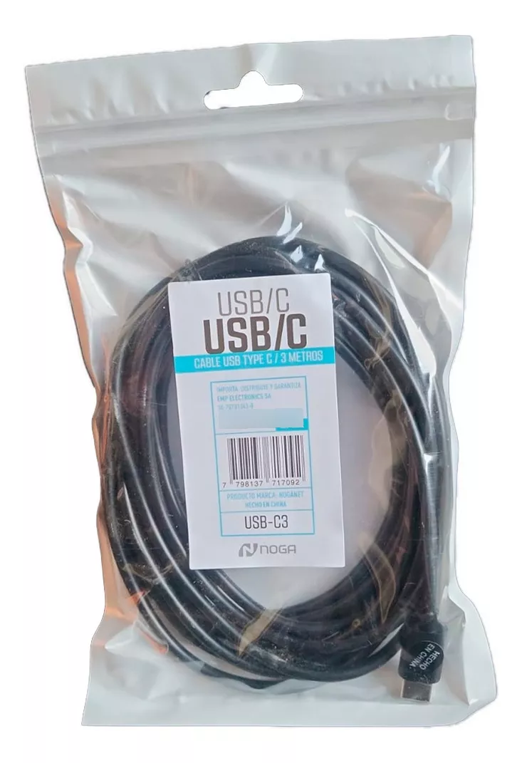 Cable USB Tipo C a C Type Celular Carga Rápida 3 mts Noga C3 Color Negro
