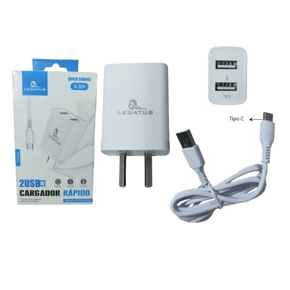 Cargador Celular Carga Rápida 4.8 A 2 Puertos USB + Cable Desmontable Tipo C RC5004800B